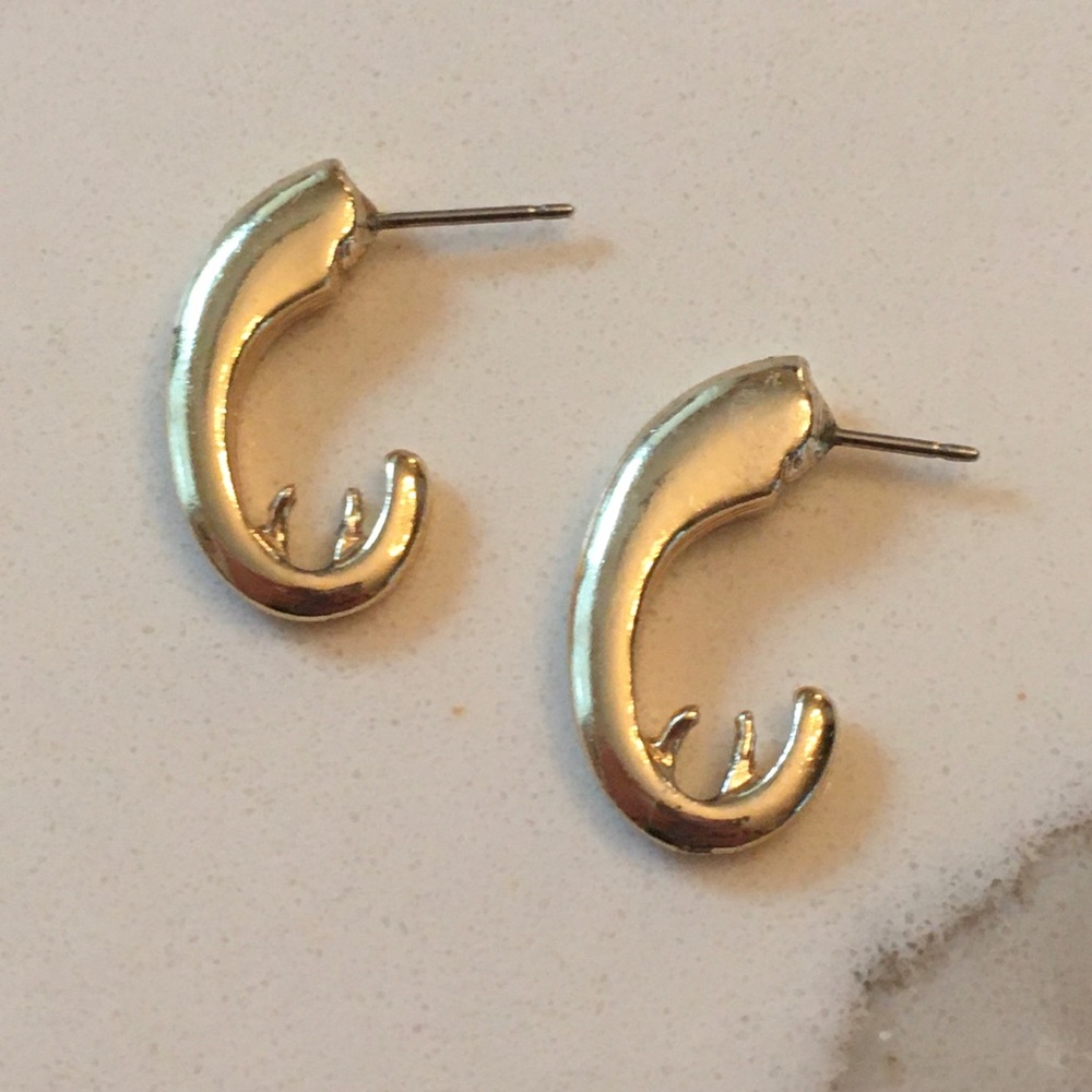 VTG Gold Tone curved J hoop Earrings antler Branch